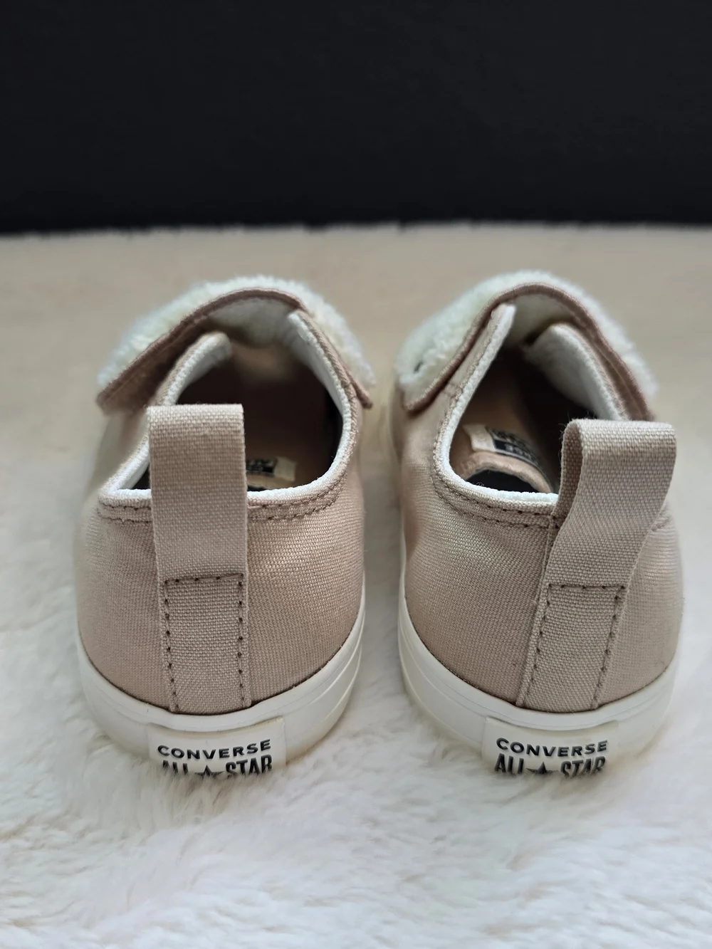 Converse Kids Beige Slip-On Sneakers with White Fuzzy Bear Accent